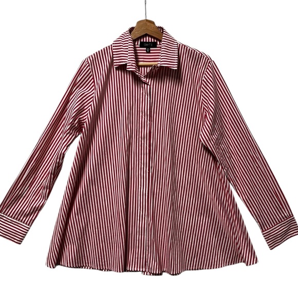 Comfy USA Tops - Comfy USA Red Striped Cotton Stretch Relaxed Casual Shirt Top Womens Medium